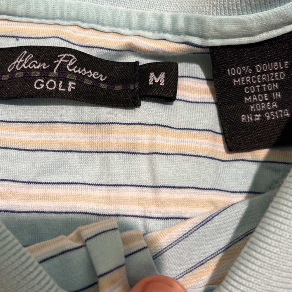 Alan Flusser Golf Polo Shirt Mens Medium Blue Striped Double Mercerized Cotton - Picture 4 of 9